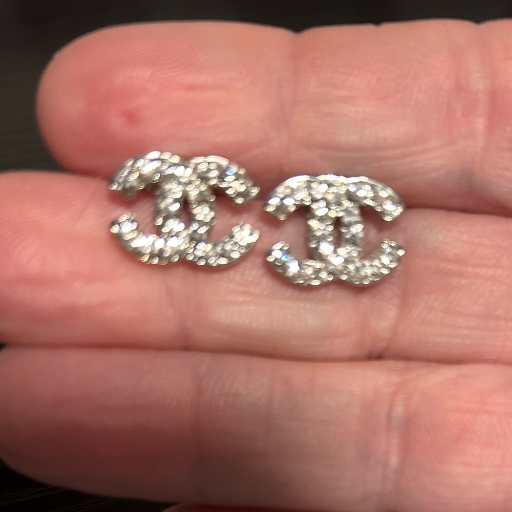 Silver Crystal Interlocking Cc Stud Earrings - Un… - image 3